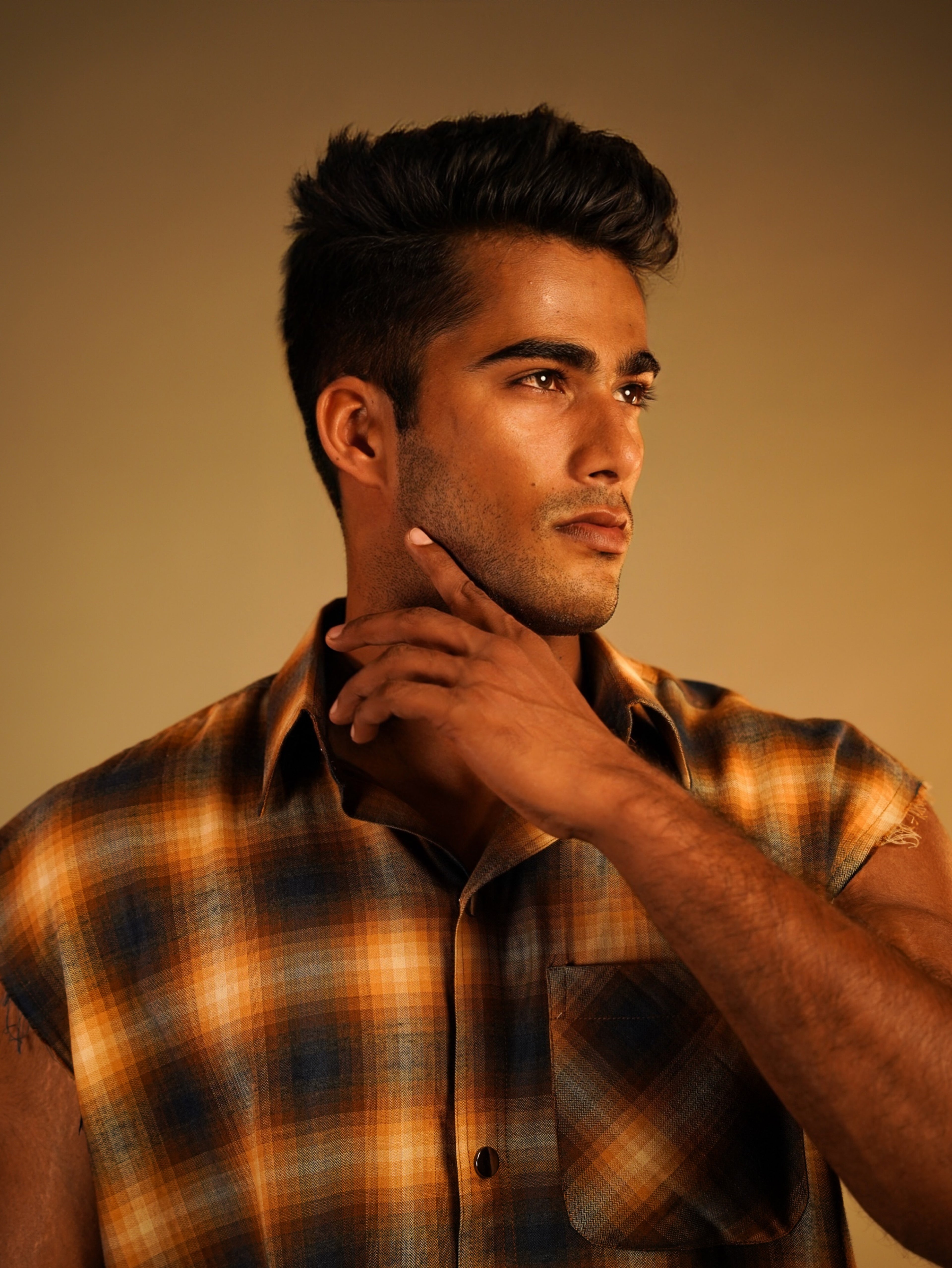 Sleeveless FLANNEL printed cotton SHIRT(cowboy button)