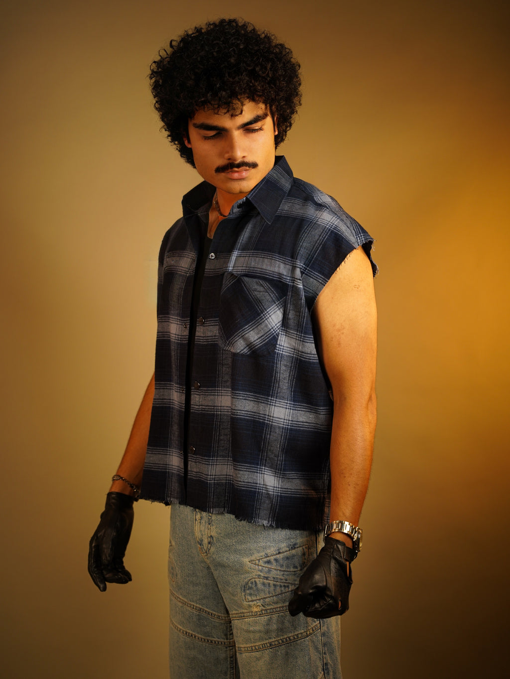Sleeveless FLANNEL printed cotton SHIRT(cowboy button)