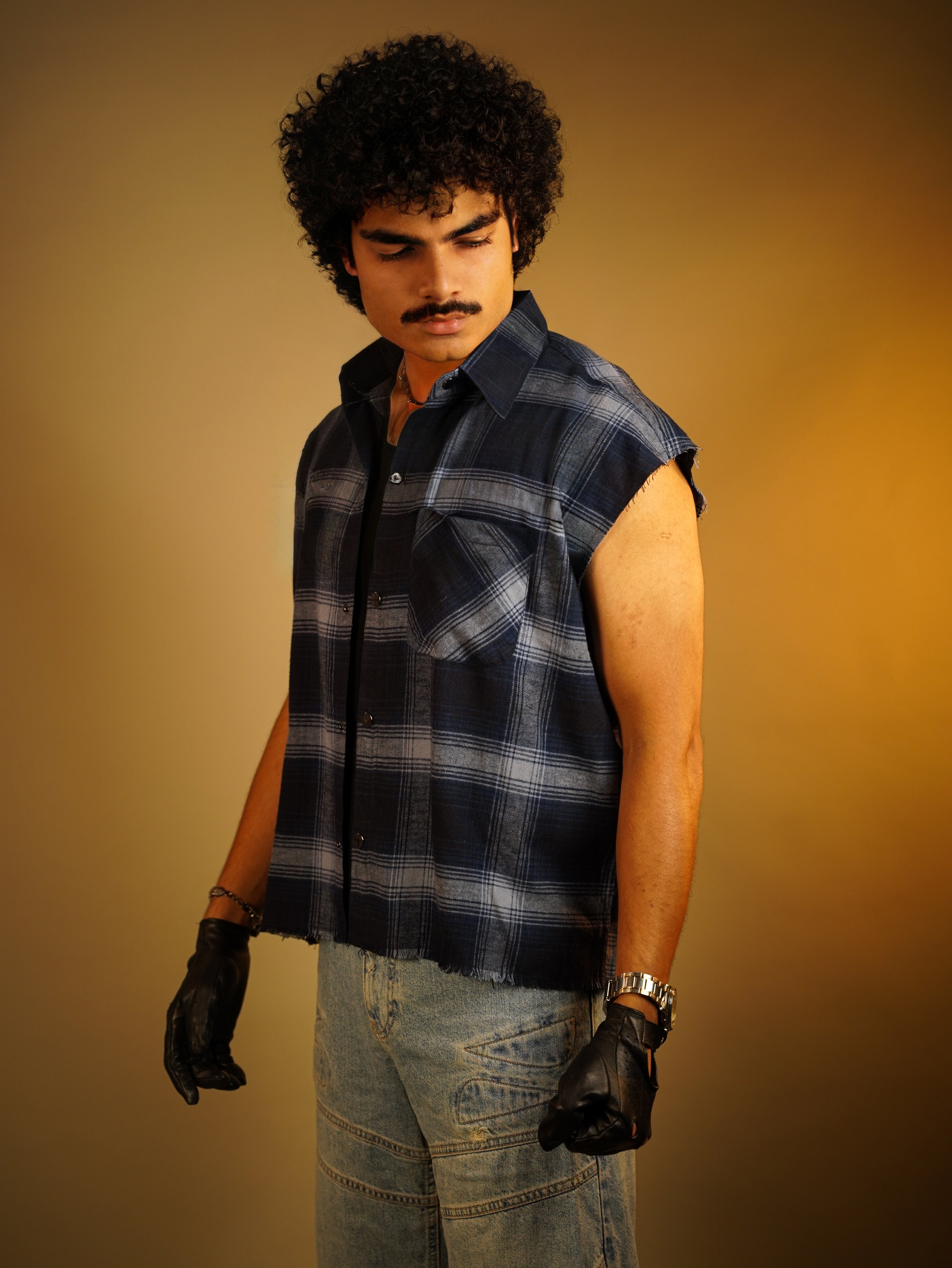 Sleeveless FLANNEL printed cotton SHIRT(cowboy button)