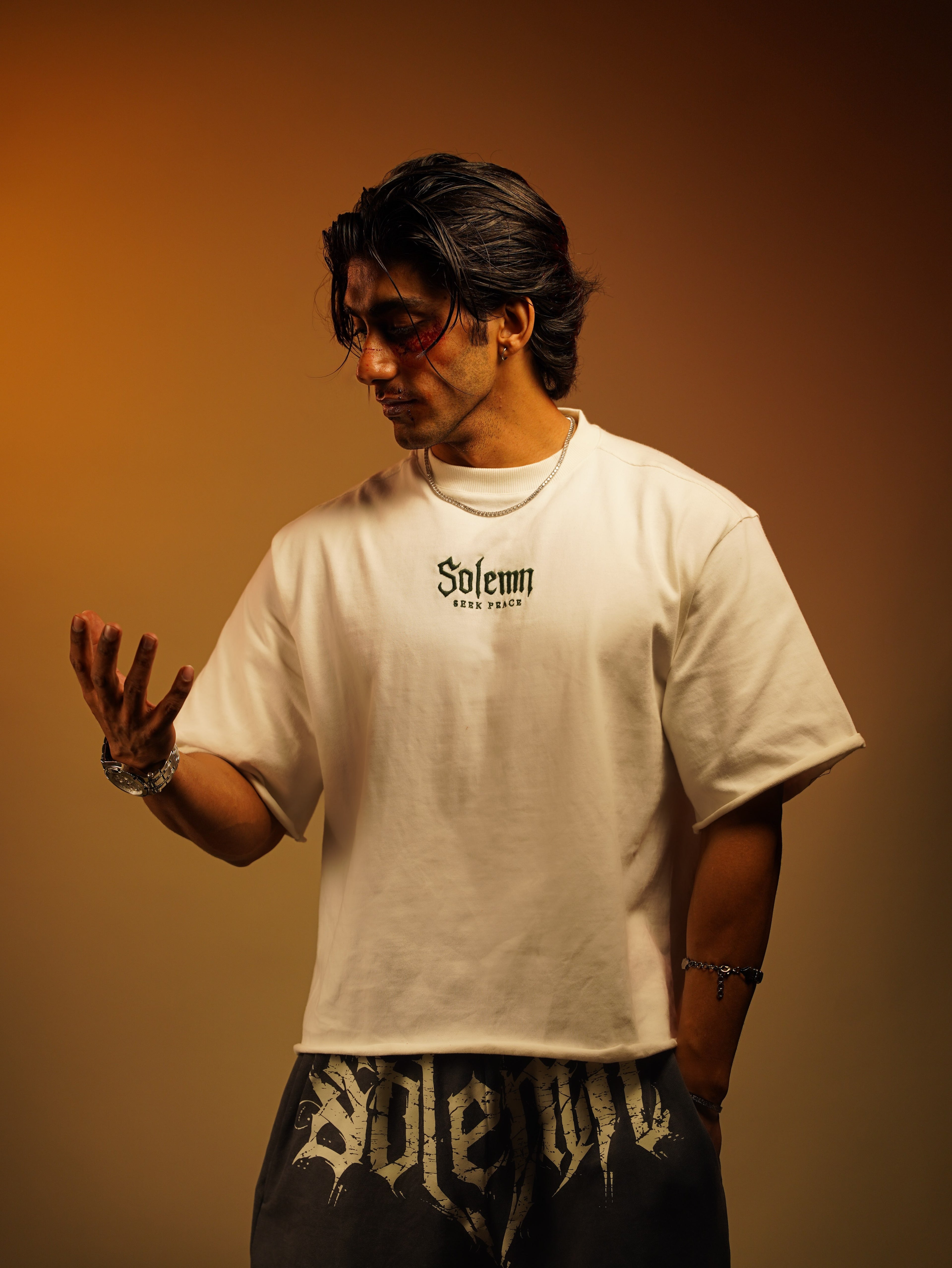 SOLEMN Men Crop HALF SLEEVES boxy EMBROIDERED T SHIRT