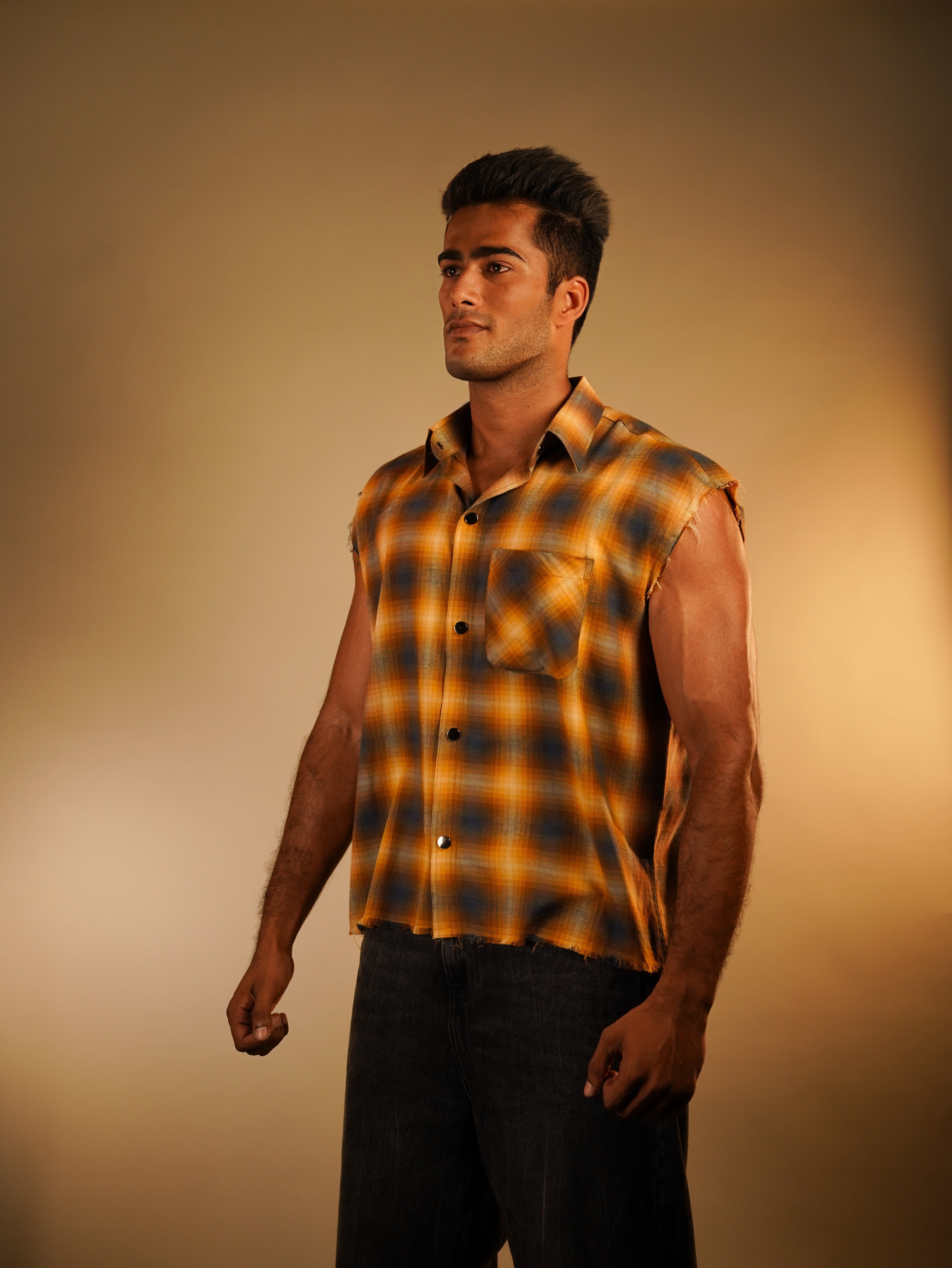 Sleeveless FLANNEL printed cotton SHIRT(cowboy button)