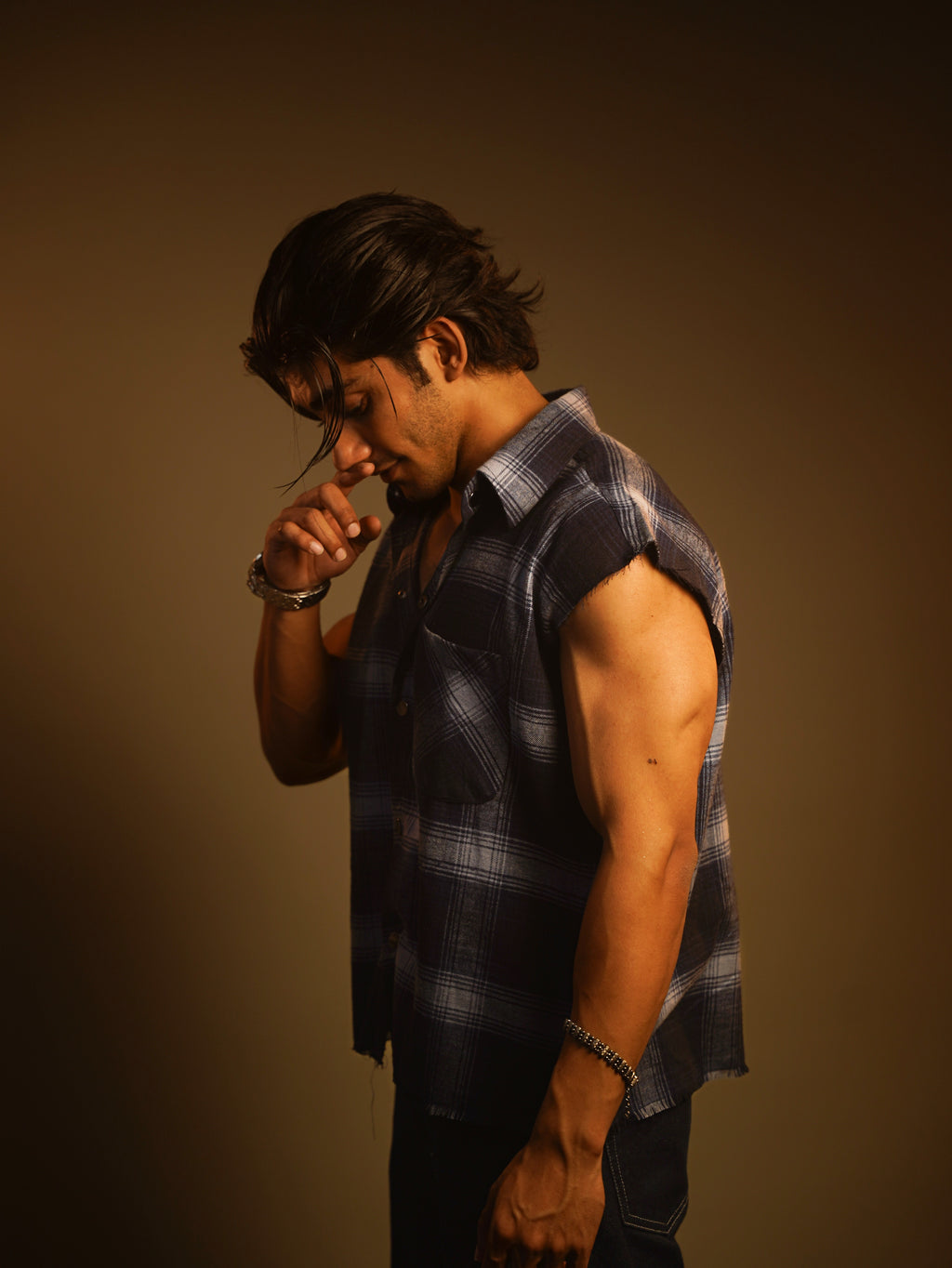 Sleeveless FLANNEL printed cotton SHIRT(cowboy button)