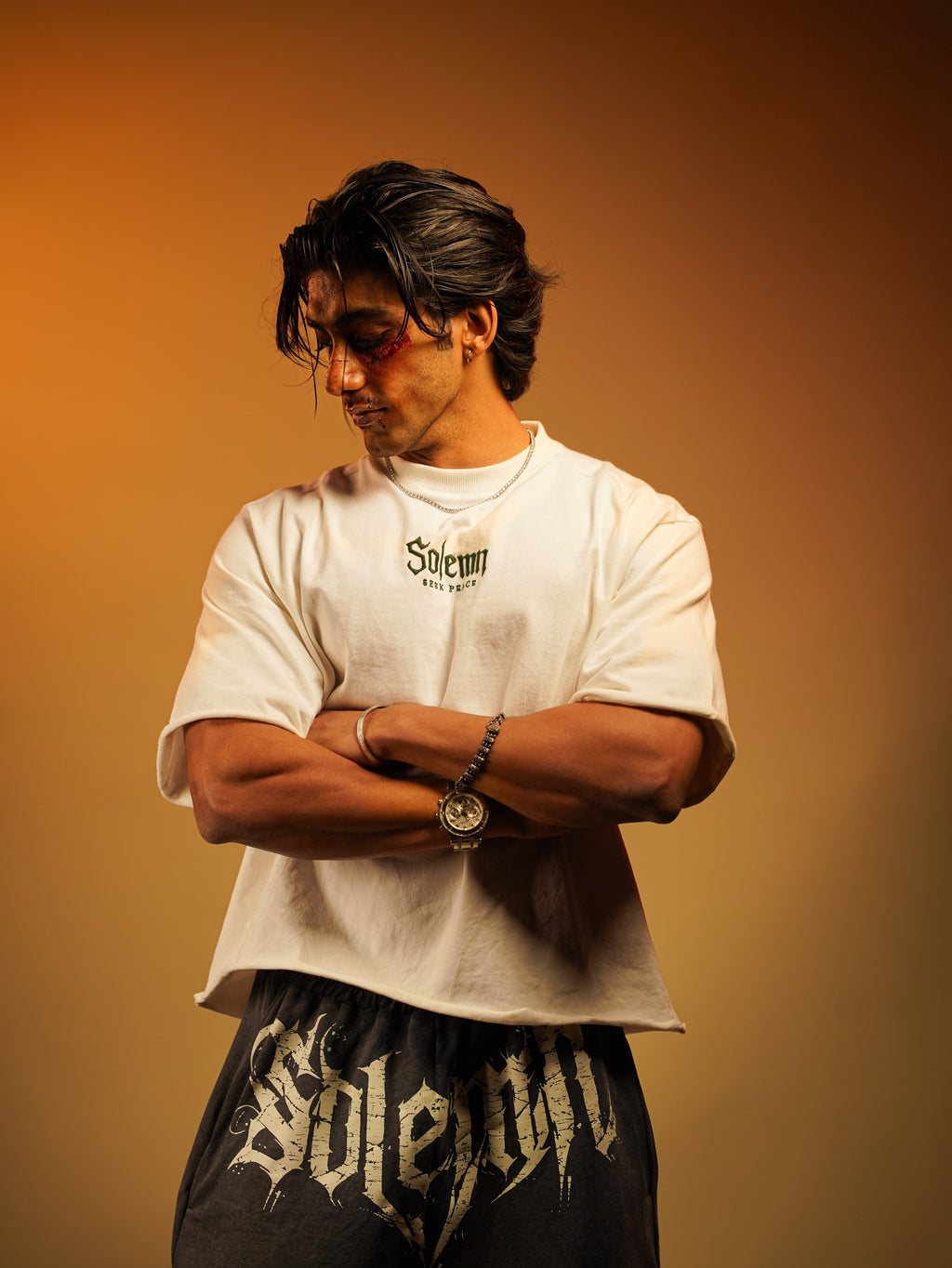 SOLEMN Men Crop HALF SLEEVES boxy EMBROIDERED T SHIRT