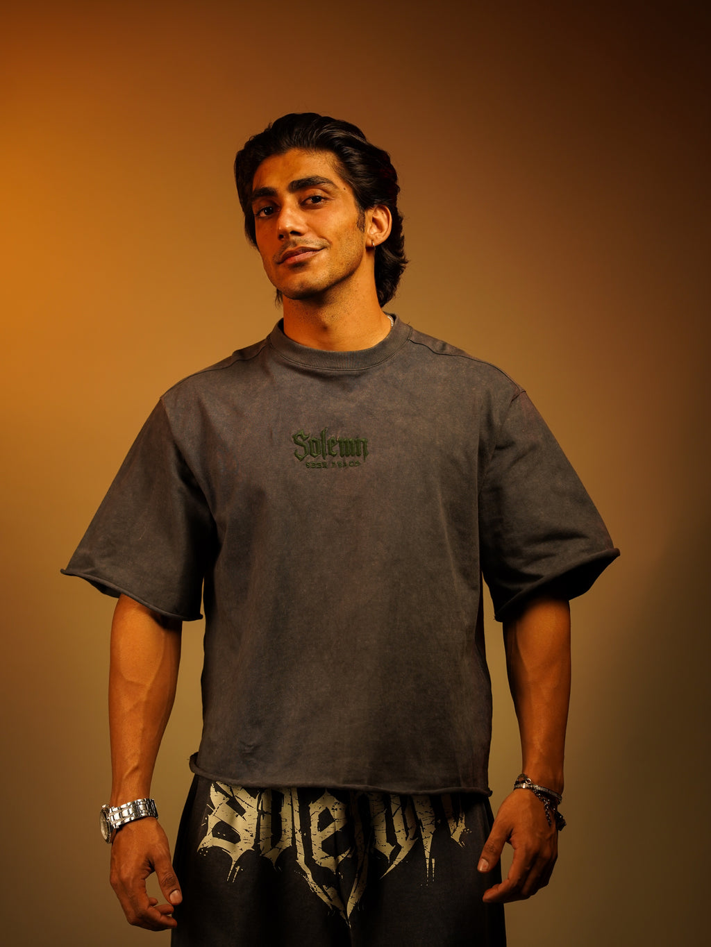 SOLEMN Men Crop HALF SLEEVES boxy EMBROIDERED T SHIRT