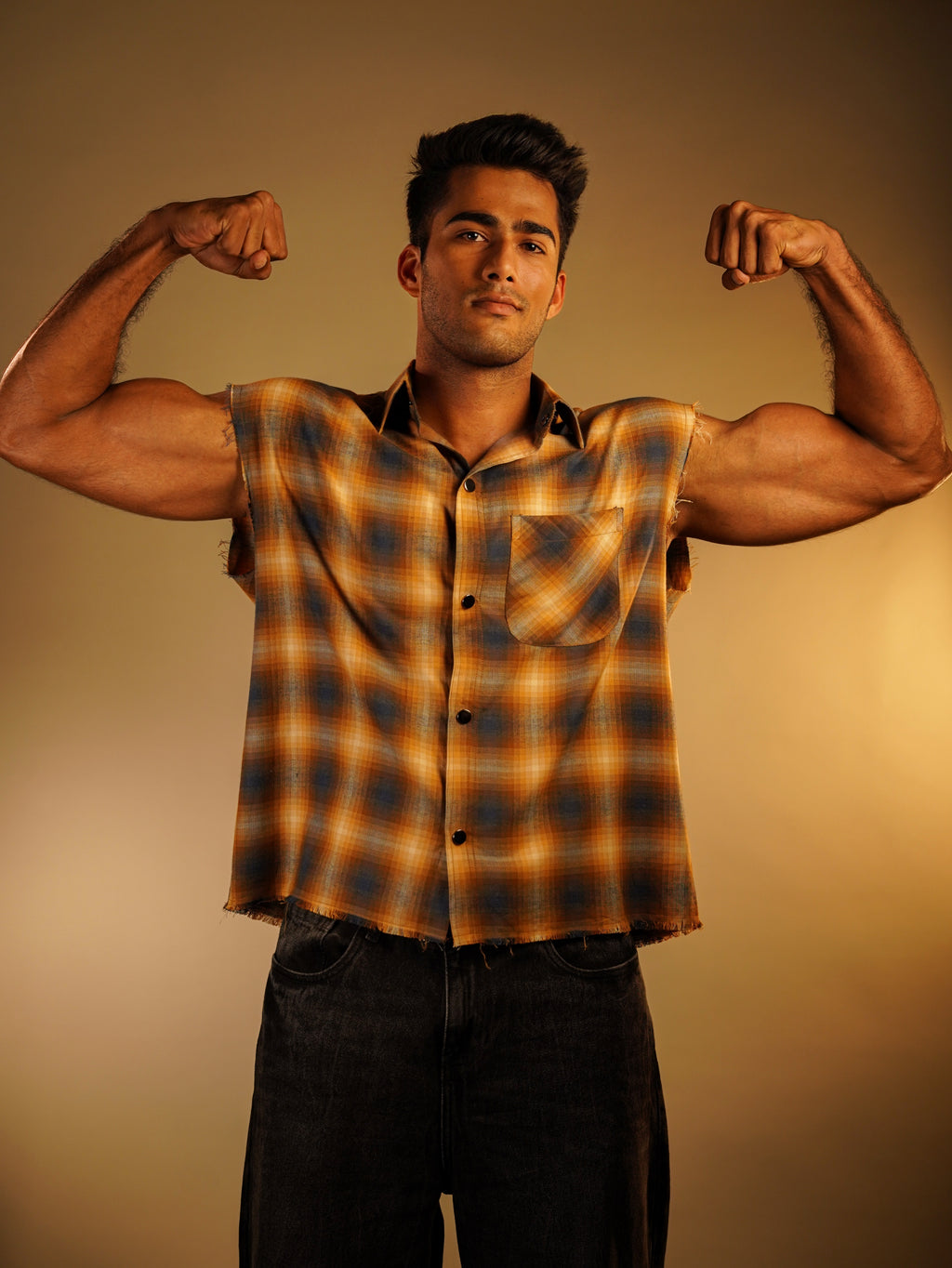 Sleeveless FLANNEL printed cotton SHIRT(cowboy button)