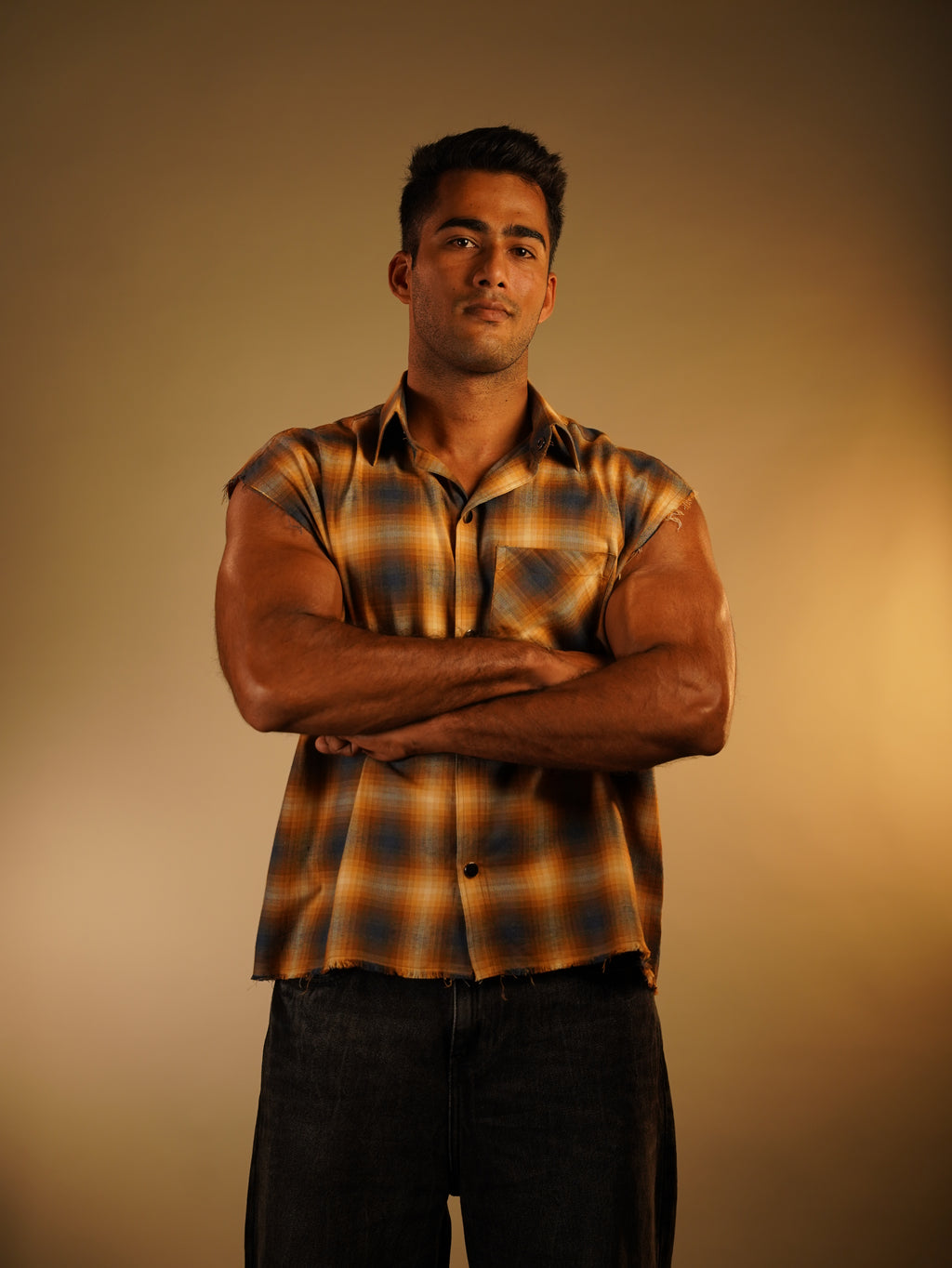 Sleeveless FLANNEL printed cotton SHIRT(cowboy button)