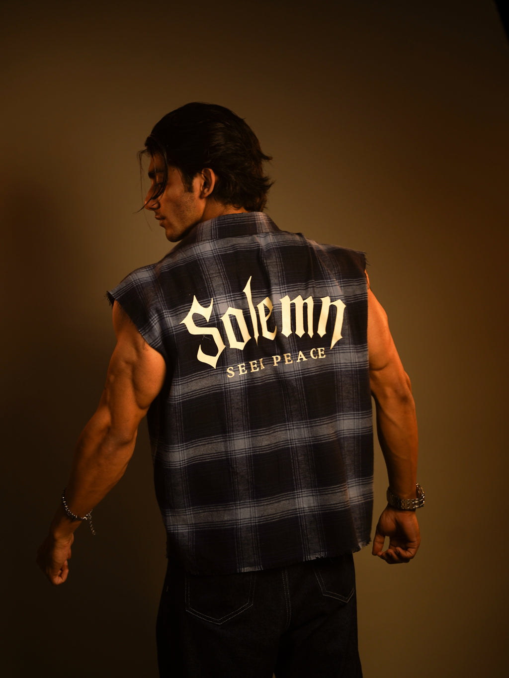 Sleeveless FLANNEL printed cotton SHIRT(cowboy button)