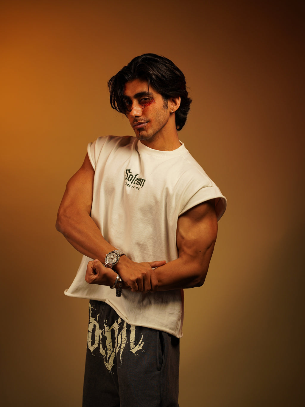 SOLEMN Men Crop SLEEVELESS boxy EMBROIDERED T SHIRT