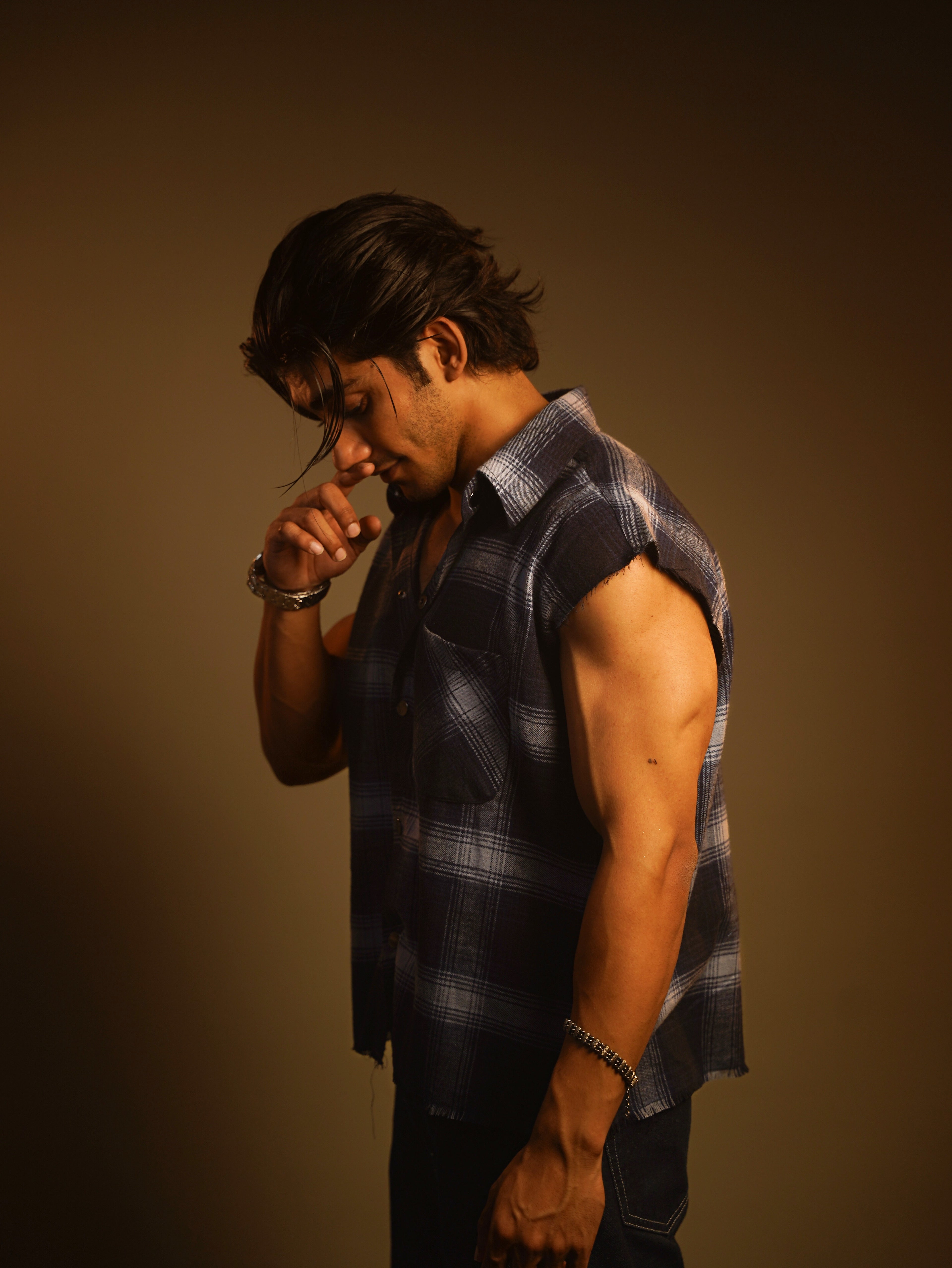 Sleeveless FLANNEL printed cotton SHIRT(cowboy button)