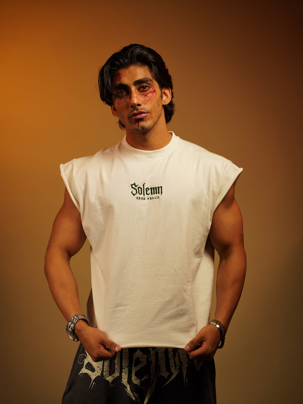 SOLEMN Men Crop SLEEVELESS boxy EMBROIDERED T SHIRT