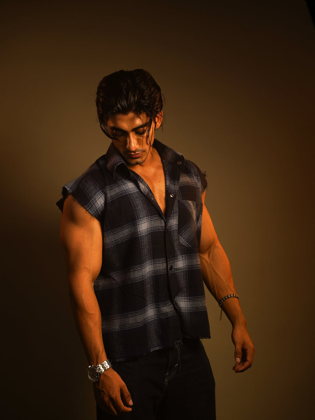 Sleeveless FLANNEL printed cotton SHIRT(cowboy button)