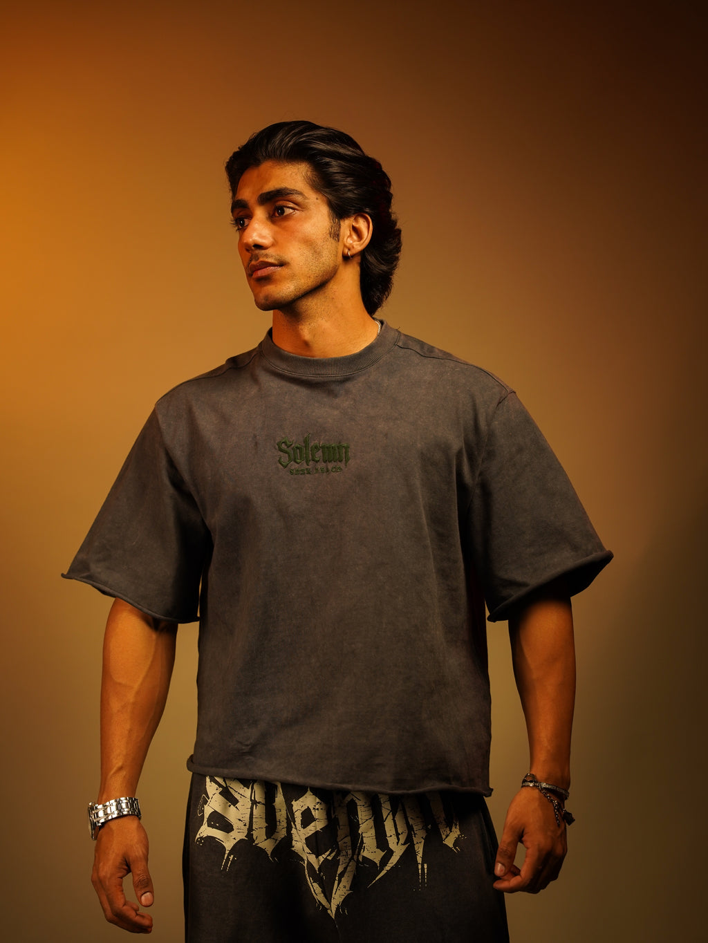 SOLEMN Men Crop HALF SLEEVES boxy EMBROIDERED T SHIRT